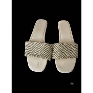 Loft Outlet Women's Beige, White, Golden Chevron Woven Slide Sandals Neutral 8 M